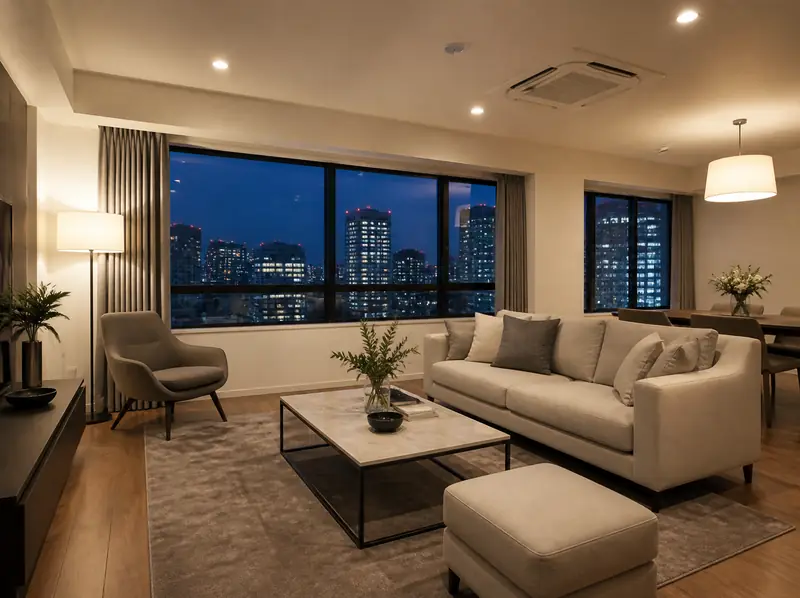 夜景の見えるマンションのリビング
