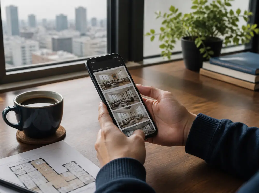 スマートフォンで物件を探す手元と間取り図