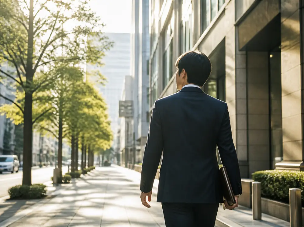 朝の街を出勤する社員