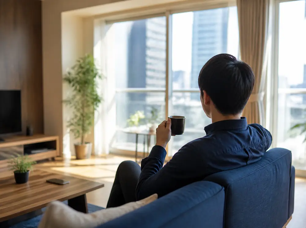 新しい部屋のソファでくつろぐ社員