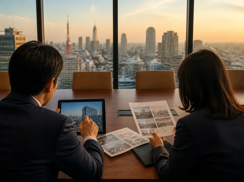 東京の街を望む会議室で物件資料を確かめる担当者