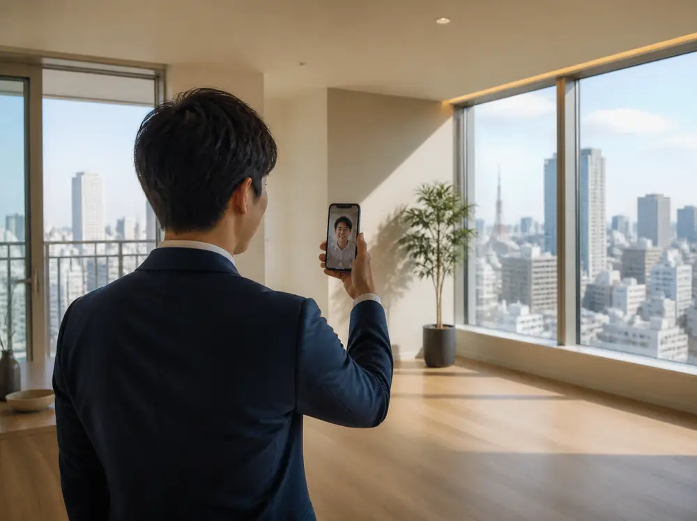 空室でスマートフォンのビデオ通話を使って部屋を見せるスタッフ