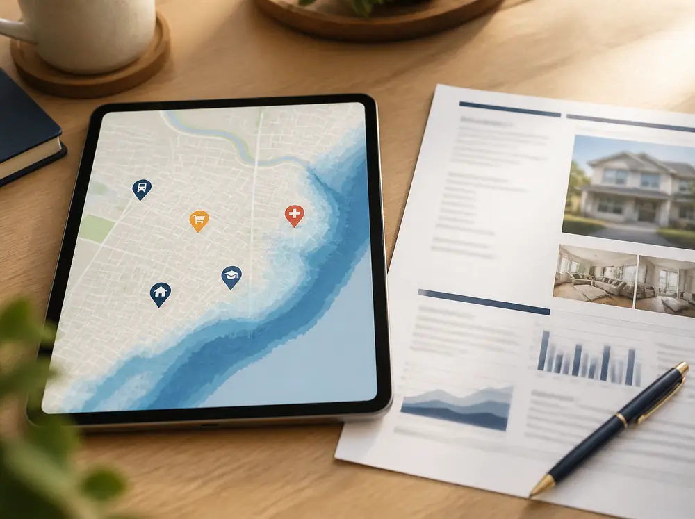 周辺の施設とハザードマップを示した地図のタブレットと、物件の調査レポート