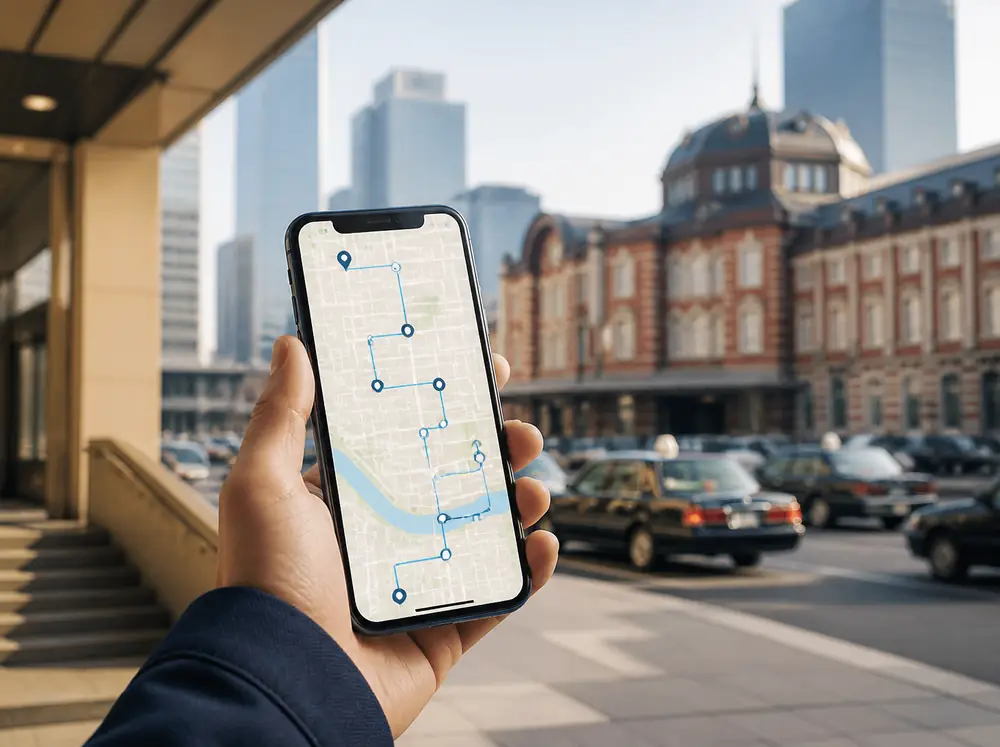駅前でスマートフォンの地図に内覧のルートを表示している手元